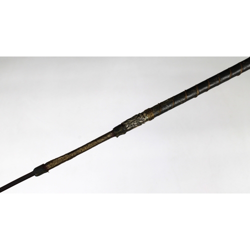 234 - An unusual white metal mounted porcupine quill swagger stick / whip 28in. (71cm.) long.