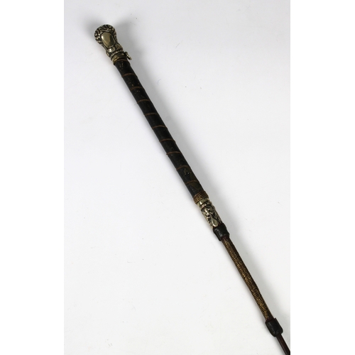 234 - An unusual white metal mounted porcupine quill swagger stick / whip 28in. (71cm.) long.