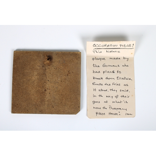 235 - German Occupation of Guernsey - a small plaque painted with a house and 100m with handwritten letter... 