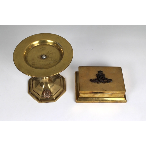 244 - Trench Art - Royal Artillery box and pedestal dish box of rectangular form, the lid with applied Roy... 