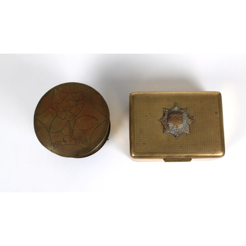 247 - Trench Art - A Coldstream Guards brass cigarette box and a tobacco box of rectangular form, the lid ... 