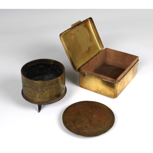 247 - Trench Art - A Coldstream Guards brass cigarette box and a tobacco box of rectangular form, the lid ... 