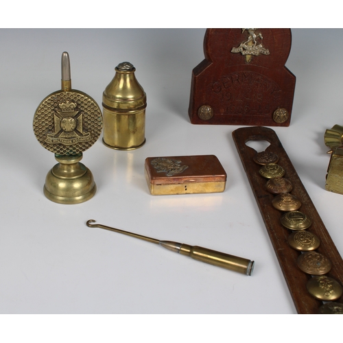 252 - Trench Art - A collection - WWI & WWII (10) comprising buttons in wooden frame; matchbox; Ashtray; p... 