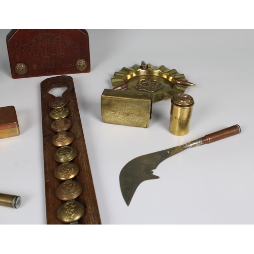 252 - Trench Art - A collection - WWI & WWII (10) comprising buttons in wooden frame; matchbox; Ashtray; p... 