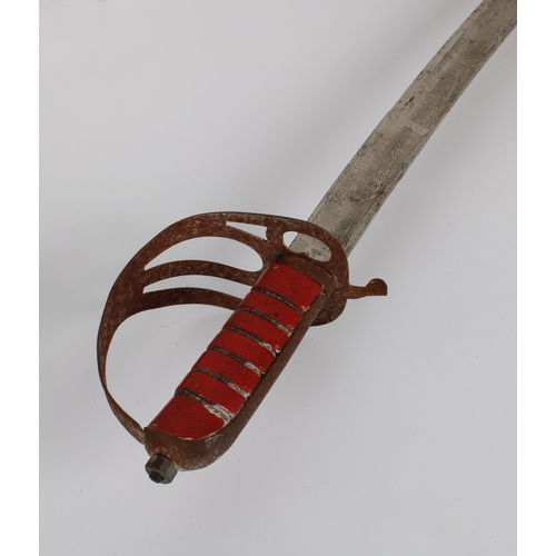 279 - A 20th Century cavalry sword stamped 'made in India', with red leather scabbard, blade measures 29½ ... 