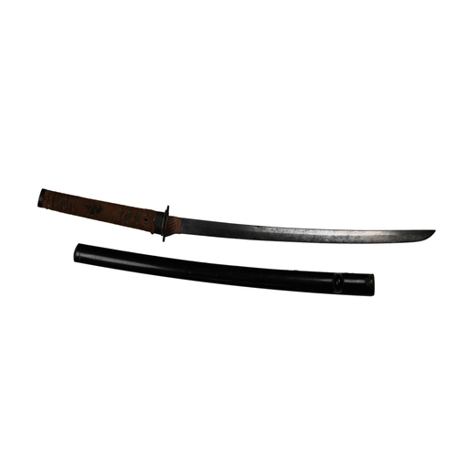 286 - Japanese Wakizashi sword unmarked, 46cm. blade, copper Habaki, Bronze Tsuba, brown braid bound grip ... 