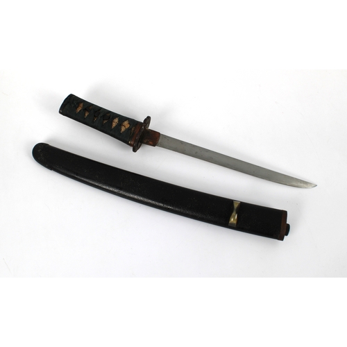 288 - A Japanese Tanto short sword signed, 23cm. blade, copper Habaki, Bronze Tsuba, black braid bound gri... 