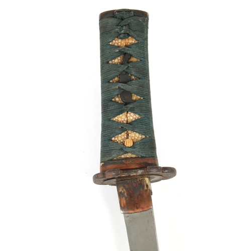 288 - A Japanese Tanto short sword signed, 23cm. blade, copper Habaki, Bronze Tsuba, black braid bound gri... 