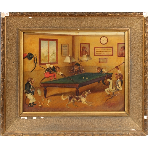 317 - Ariste (French, early 20th century). Anthropomorphic Monkeys playing Billiards, oil on board, signed... 