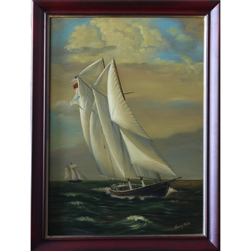 328 - Walter Dickie (late 20th century) Sailing Ships at Sea, oil on canvas, signed lower right, framed, 1... 