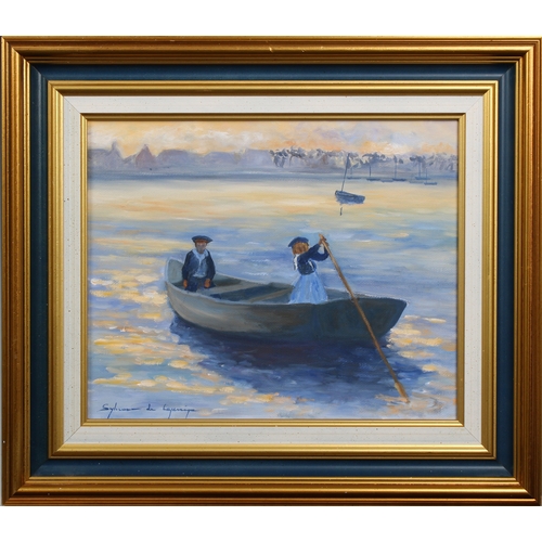 341 - Sylviane De Lajarrige (French, 21st century) Sculling, oil on canvas, signed lower left, framed, 8¼ ... 