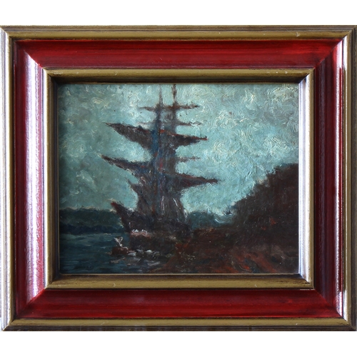 347 - Continental, late 20th century Sailing Ship at the Quayside, oil on hardboard, unsigned, framed, 9 x... 