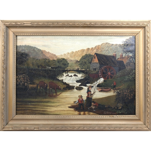 349 - French Provincial School (20th Century) Naive landscape with figures fishing and cattle downstream o... 