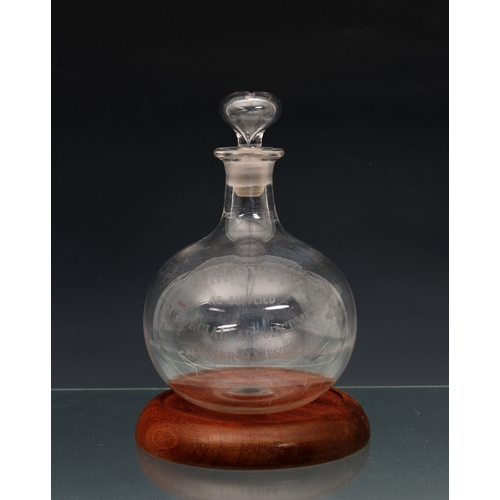 35 - A late Victorian Max Greger & Co clear glass onion shaped decanter and stopper with acid etched insc... 