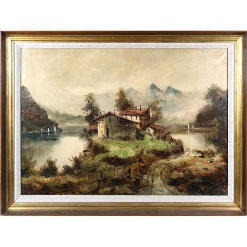 363 - Mancini (Italian, mid 20th century) Farmhouse on a lake in a mountainous landscape, oil on canvas, s... 