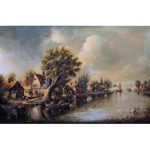 365 - 20th century English School Riverside Village oil on canvas, modern swept frame, Roberson & Co canva... 