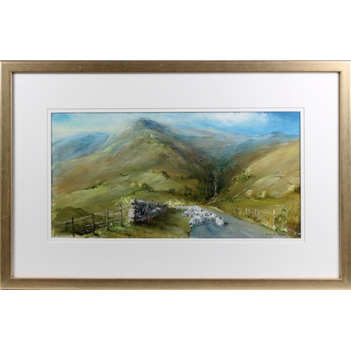 367 - David Wood Sheep in Lake District mountains oil painting, signed lower right 9 x 17¾in. (22.8 x 45cm... 