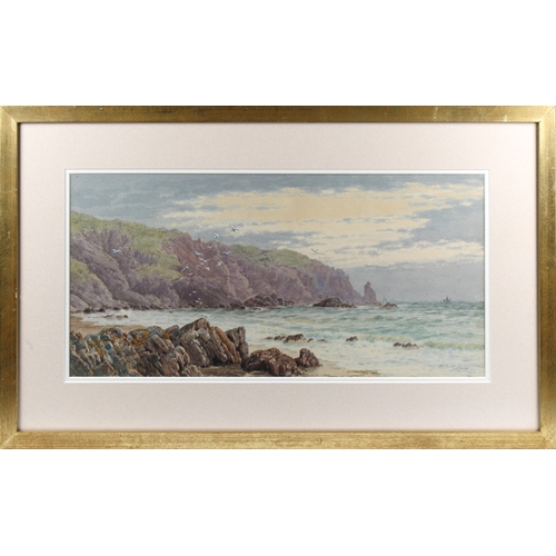 390 - British School (19th Century) Rocky coastal scene with seabirds and distant ships, watercolour heigh... 