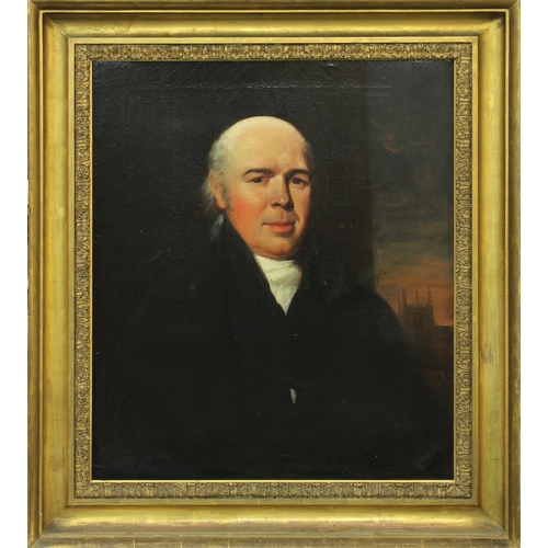 397 - British School, mid 19th century. Portrait of a gentleman with a church tower beyond, oil on canvas,... 