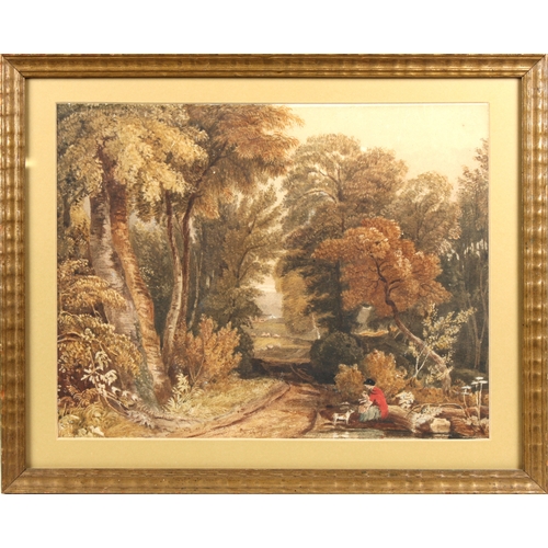 407 - Follower of Joshua Cristall (English, 1767-1847) Figures in a wooded landscape, watercolour and goua... 