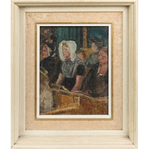 408 - English School (early 20th century) Breton Women in Church, oil on canvas board, unsigned, framed, 9... 