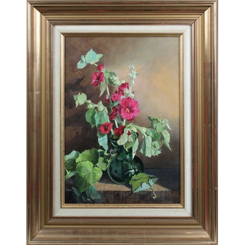 412 - Peter Newcombe (British, b.1943) Hollyhocks in vase oil on board, signed and dated 1992 lower right ... 