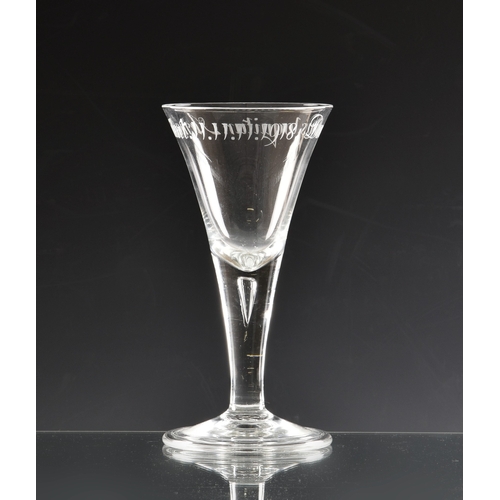 42 - An early Georgian style clear glass goblet with WWI commemorative inscription of drawn trumpet form ... 