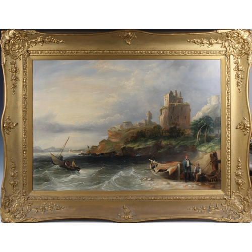 424 - British School (19th Century) Fishermen at rest with castle ruins beyond, oil on canvas, 17½ x 25½ (... 