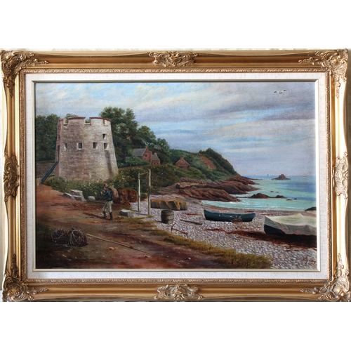 457 - English School, late 19th century Martello Tower, Fliquet Bay, Jersey, oil on canvas, signed with a ... 