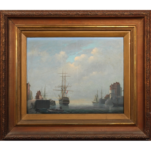 480 - Leonard Jones (British, 20th century) Sailing Ship at the Dockside, oil on panel, signed lower right... 