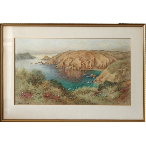 485 - E.S. Cheeswright (1874-1977) Clifftop Coastal scene, with flowers and a rocky outcrop, watercolour s... 