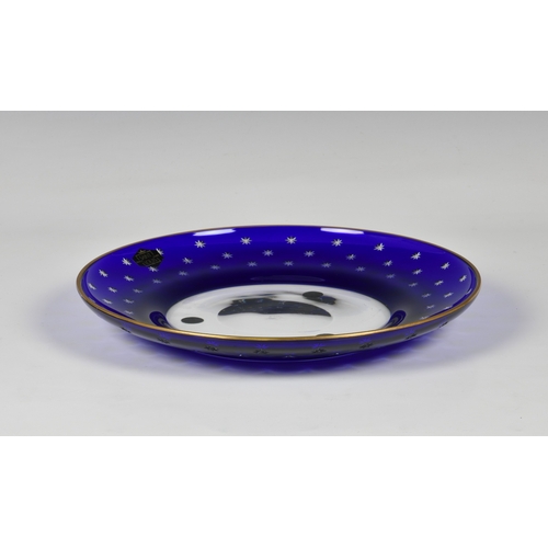 49 - A St. Louis Crystal blue cased glass dish late 20th century, with star cut decoration to the broad b... 