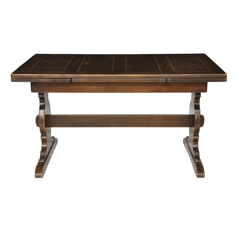 512 - A mid 20th century stained oak draw leaf table on shaped trestle supports with a central stretcher, ... 