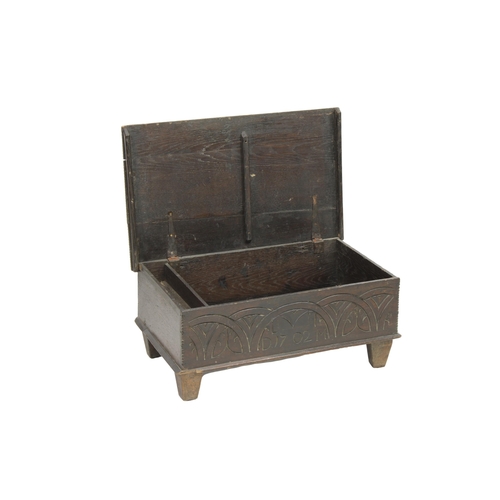 531 - An 18th century and later oak bible box the foliate and chip carved top opening on metal strap hinge... 