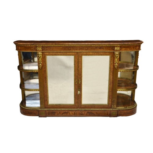 542 - A Victorian inlaid walnut and ormolu mounted credenza with two mirrored doors opening to reveal two ... 