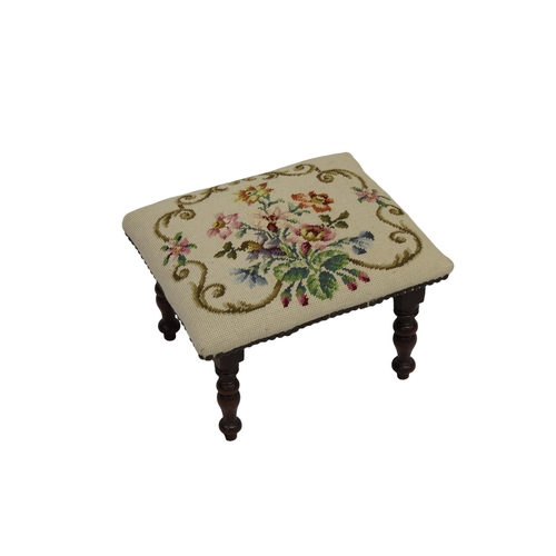 544 - A Victorian mahogany stool with a floral tapestry cover on turned legs 13½ x 11½in. (34.3 x 29.2cm.)... 