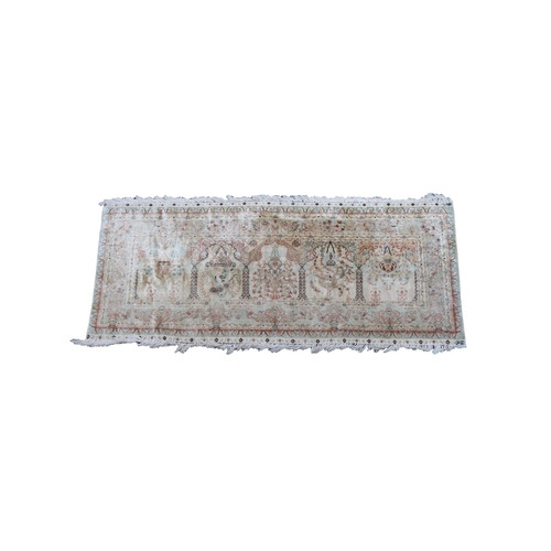 574 - A Turkish Hereke Saff/Saph prayer rug, signed the central field with hanging lanterns, trees and bir... 