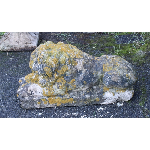 576 - A composite stone recumbent lion having aged and weathered patina.