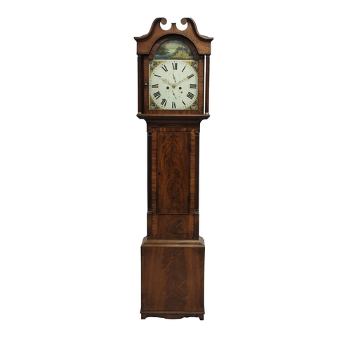 594 - A George III mahogany long case clock having a swan neck pediment over an enamel and hand painted ar... 