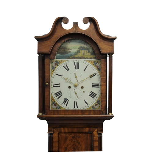 594 - A George III mahogany long case clock having a swan neck pediment over an enamel and hand painted ar... 