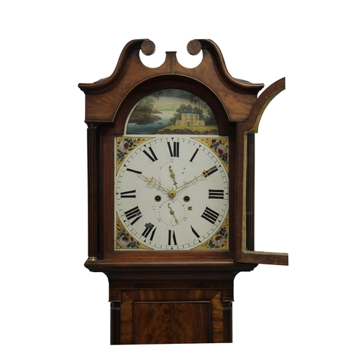 594 - A George III mahogany long case clock having a swan neck pediment over an enamel and hand painted ar... 