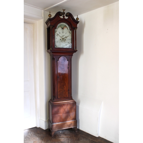 595 - 19th century mahogany longcase clock with painted dial and moon-phase, makers name heavily worn, 18... 