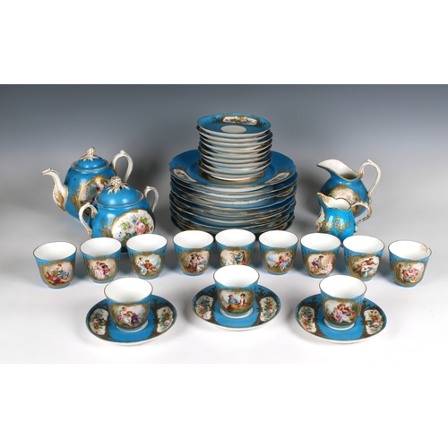 60A - A Sèvres style part dinner / tea service probably late 19th / early 20th century, blue interlaced L ... 