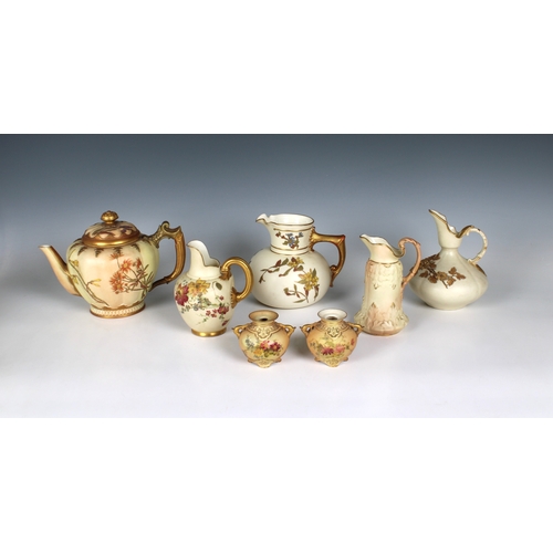 60 - A collection of Victorian Royal Worcester blushed ivory porcelain comprising a teapot & cover of lob... 