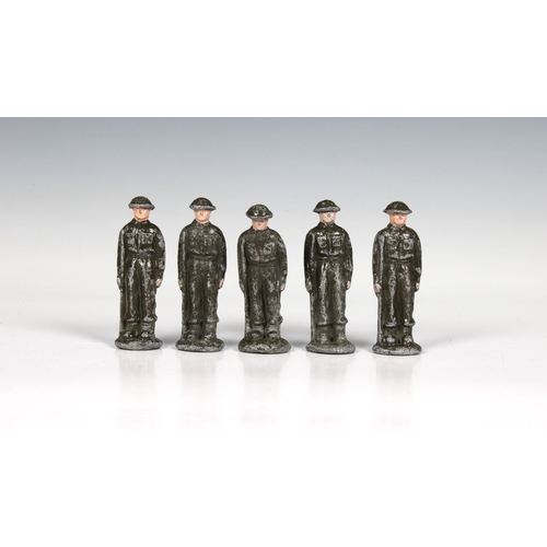 608 - A collection of five (5) heavy lead soldiers first quarter 20th century, 2 7/8in. (7.5cm.) high. (5)