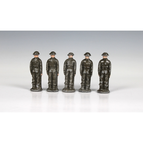 608 - A collection of five (5) heavy lead soldiers first quarter 20th century, 2 7/8in. (7.5cm.) high. (5)