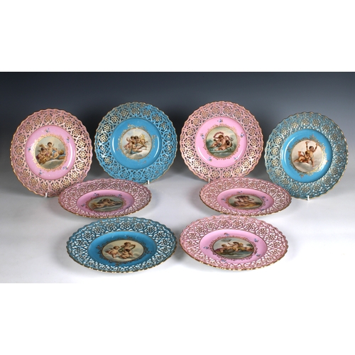 62 - Eight late 19th century, Dresden style porcelain cabinet plates with pierced borders the centre with... 