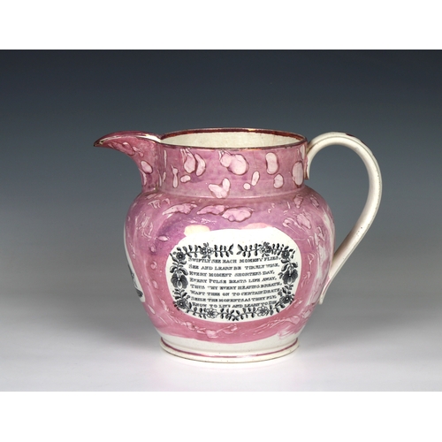 63 - A large Sunderland Pink Lustre Jug painted and transfer printed with 'A west view of the iron bridge... 