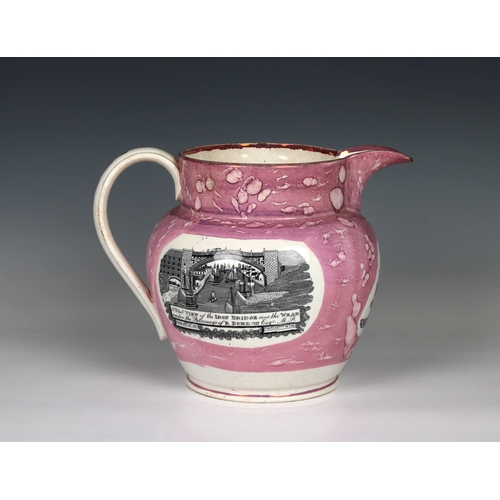 63 - A large Sunderland Pink Lustre Jug painted and transfer printed with 'A west view of the iron bridge... 