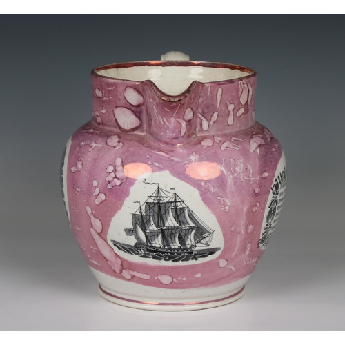 63 - A large Sunderland Pink Lustre Jug painted and transfer printed with 'A west view of the iron bridge... 